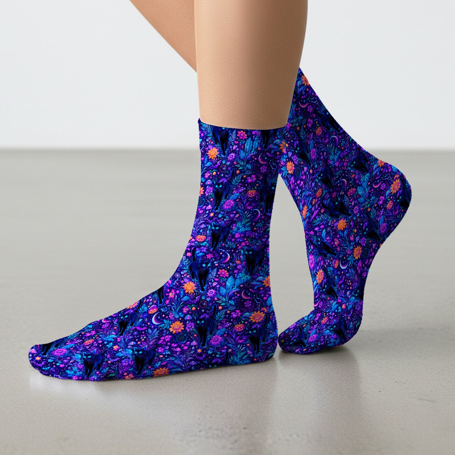 Halloween Black Cat Floral Print Socks, Adult Socks for Men and Women