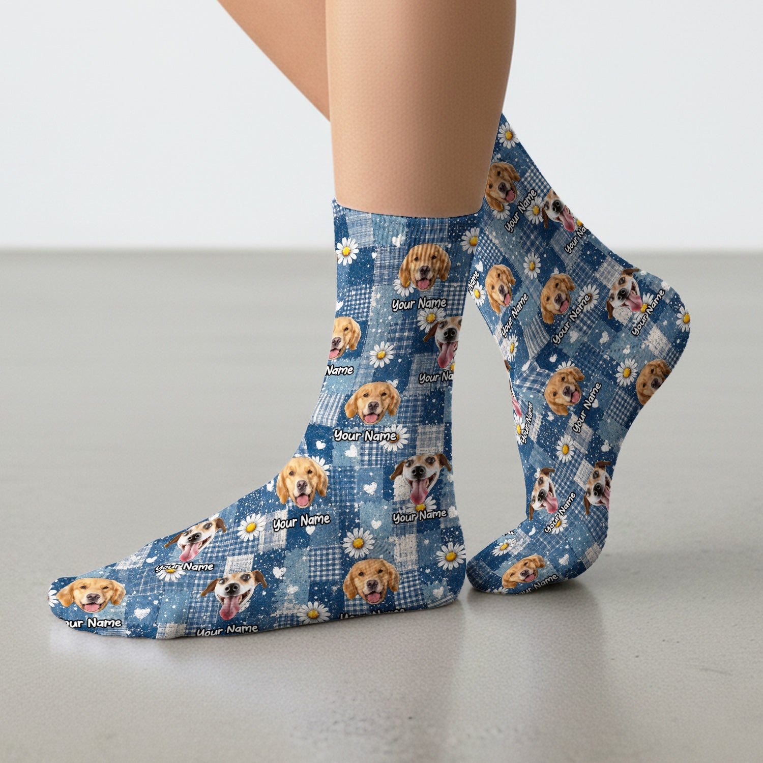 Personalized Cute Dog Portrait On Blue Patchwork Daisy Pattern Socks, Adult Socks for Men and Women