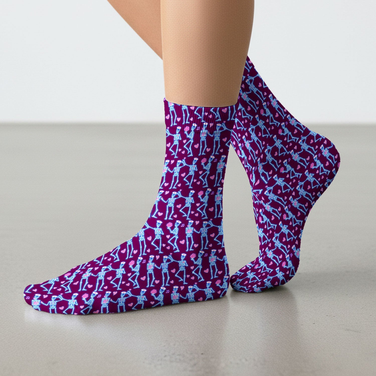 Skeleton Nurse Heart Pattern Socks, Playful Nurse Style, Adult Socks for Men and Women