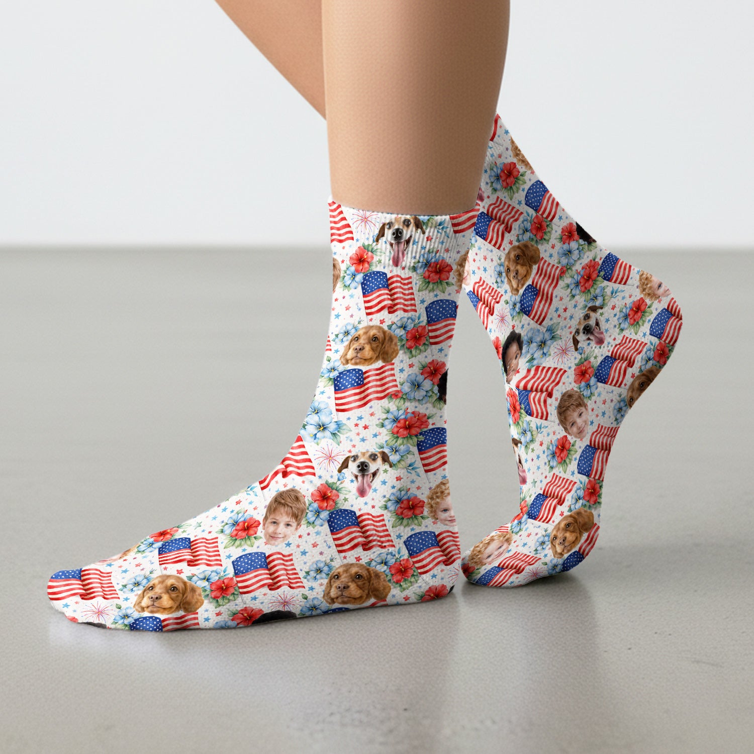 Custom Photo Patriotic Kids & Pet Faces Flag Nurse Socks, Adult Socks for Men and Women