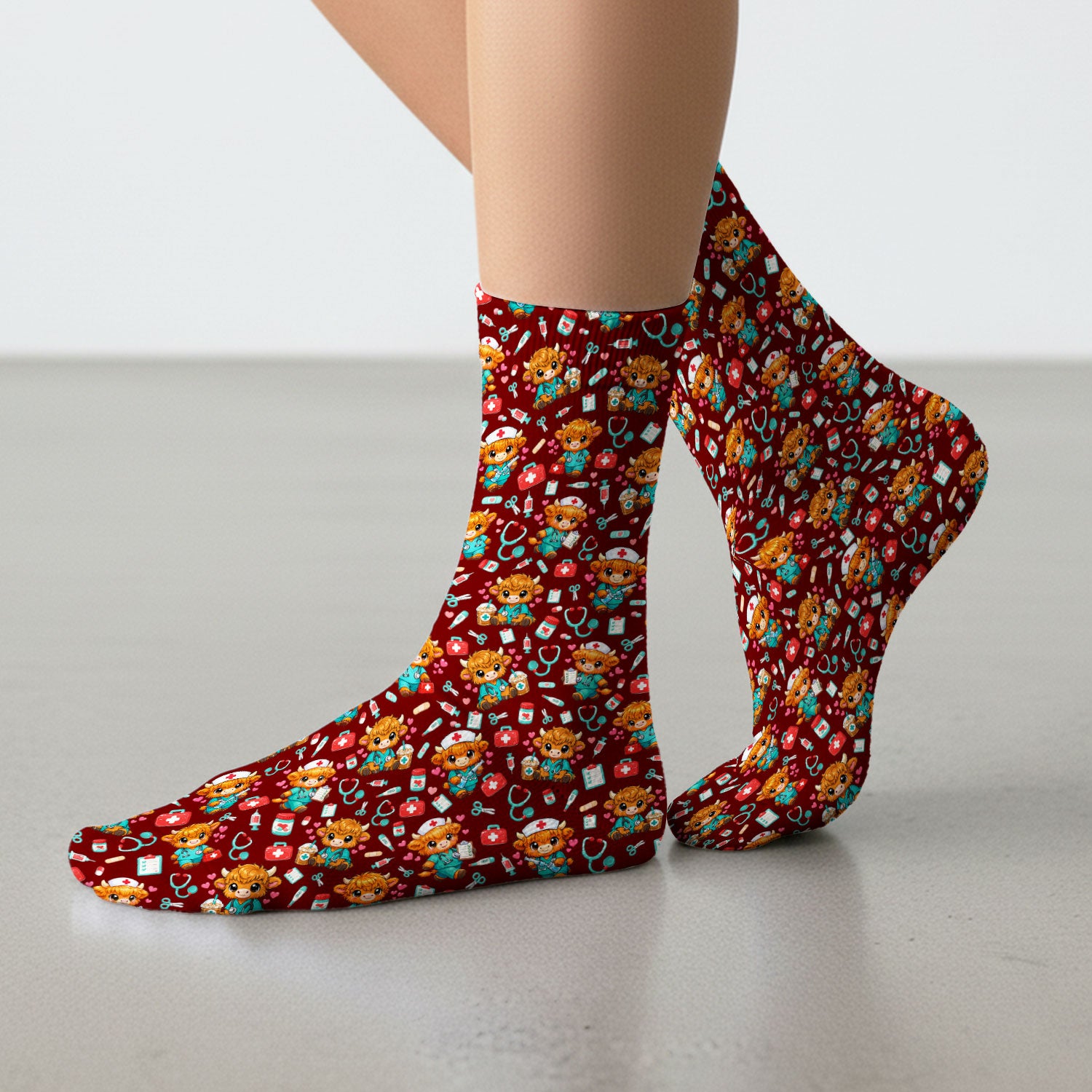 Cute Highland Cow Nurse Scrub Socks, Kawaii Medical Pattern Sock, Breathable Fabrics Nursing Uniform
