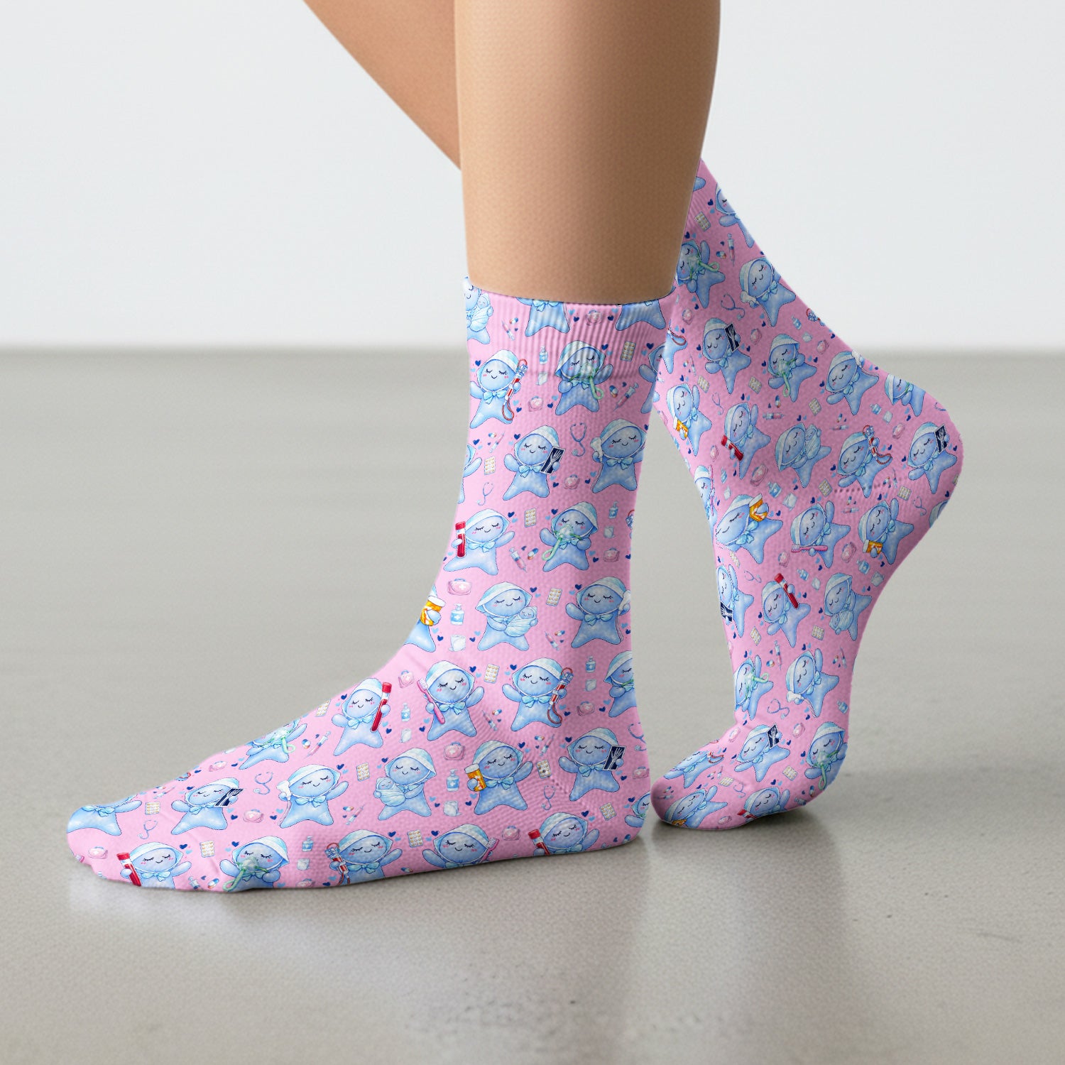 Cute Tooth Character Dental Tools Caring Pattern Socks, Breathable Fabrics Medical Uniform