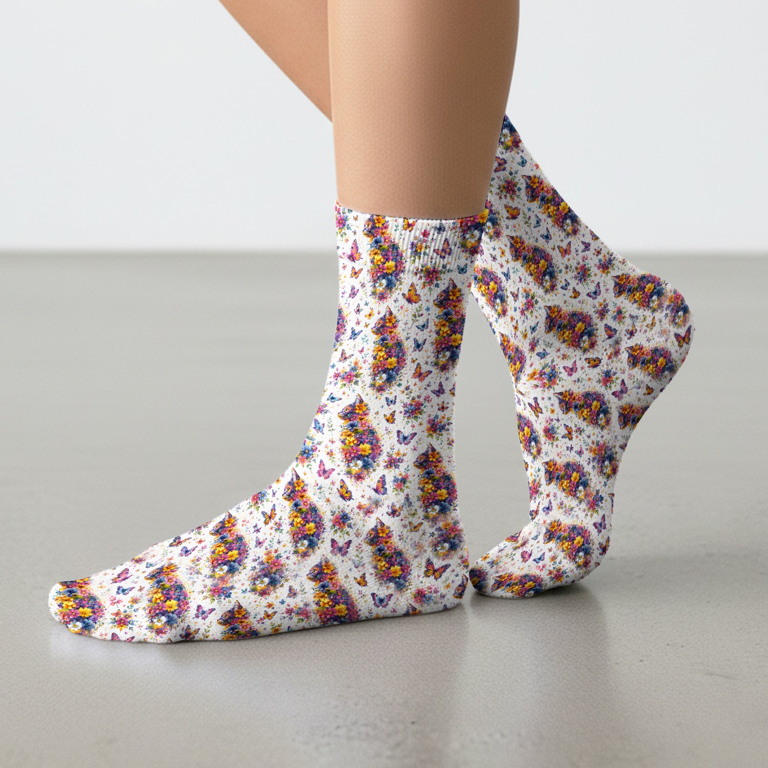 Cute Floral Cat With Butterfly Pattern Socks, Adult Socks for Men and Women
