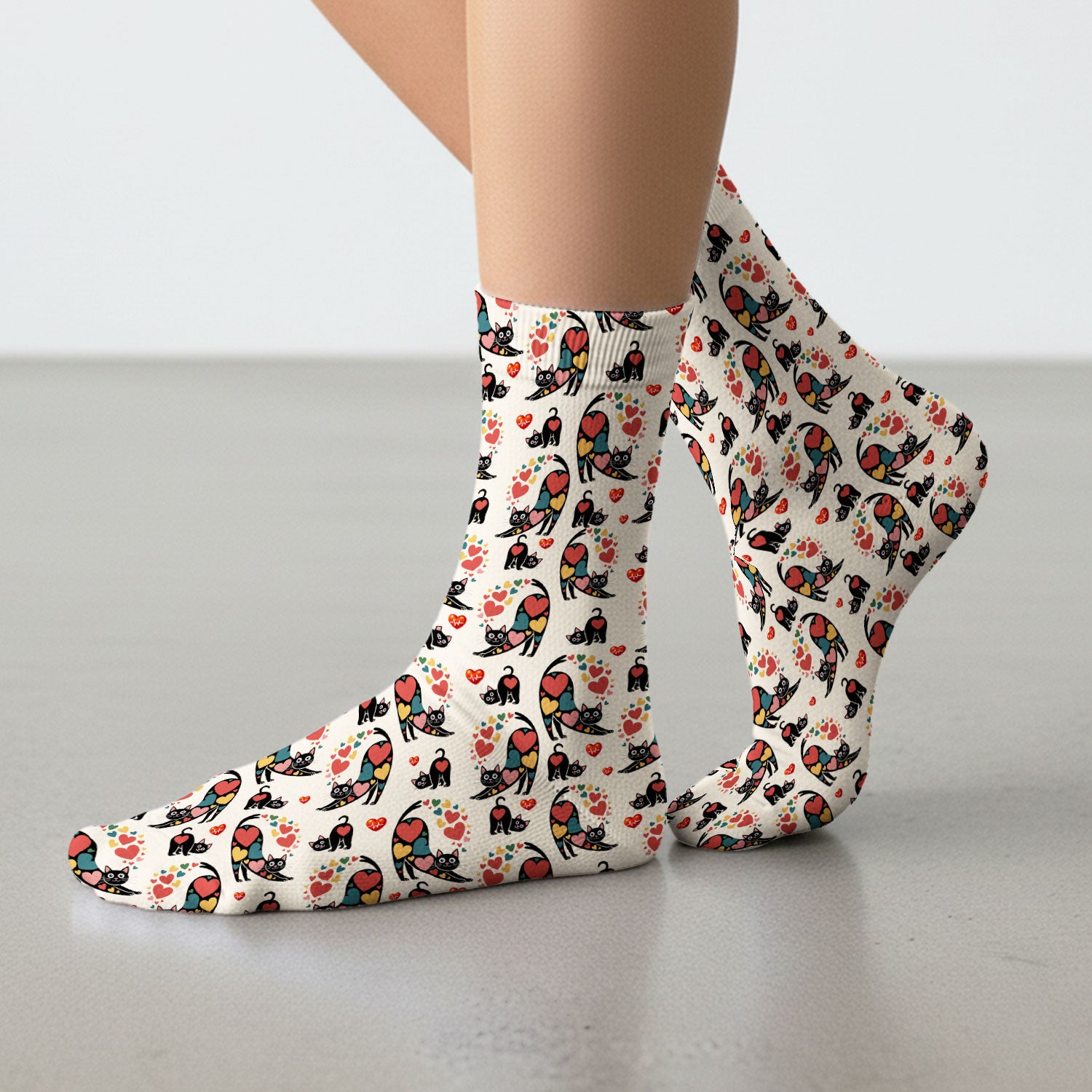 Playful Cat Valentine Heart Print Medical Socks, Socks for Nurse Doctor