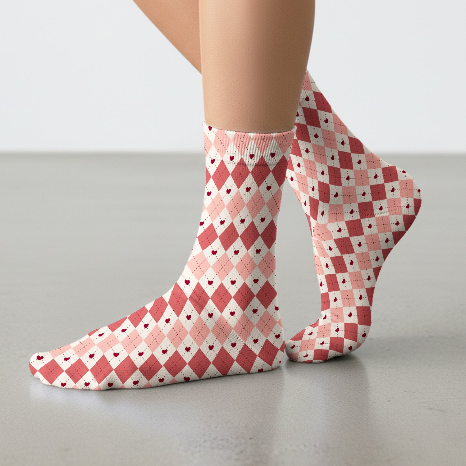 Red Argyle Plaid Pattern Socks, Adult Socks for Men and Women