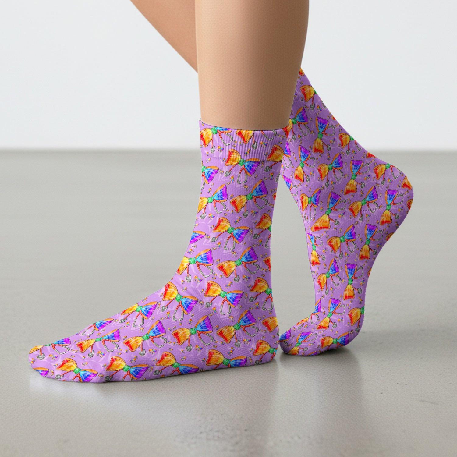 Colorful Rainbow Bow Stethoscope Pattern Socks, Breathable Fabrics Medical Uniform