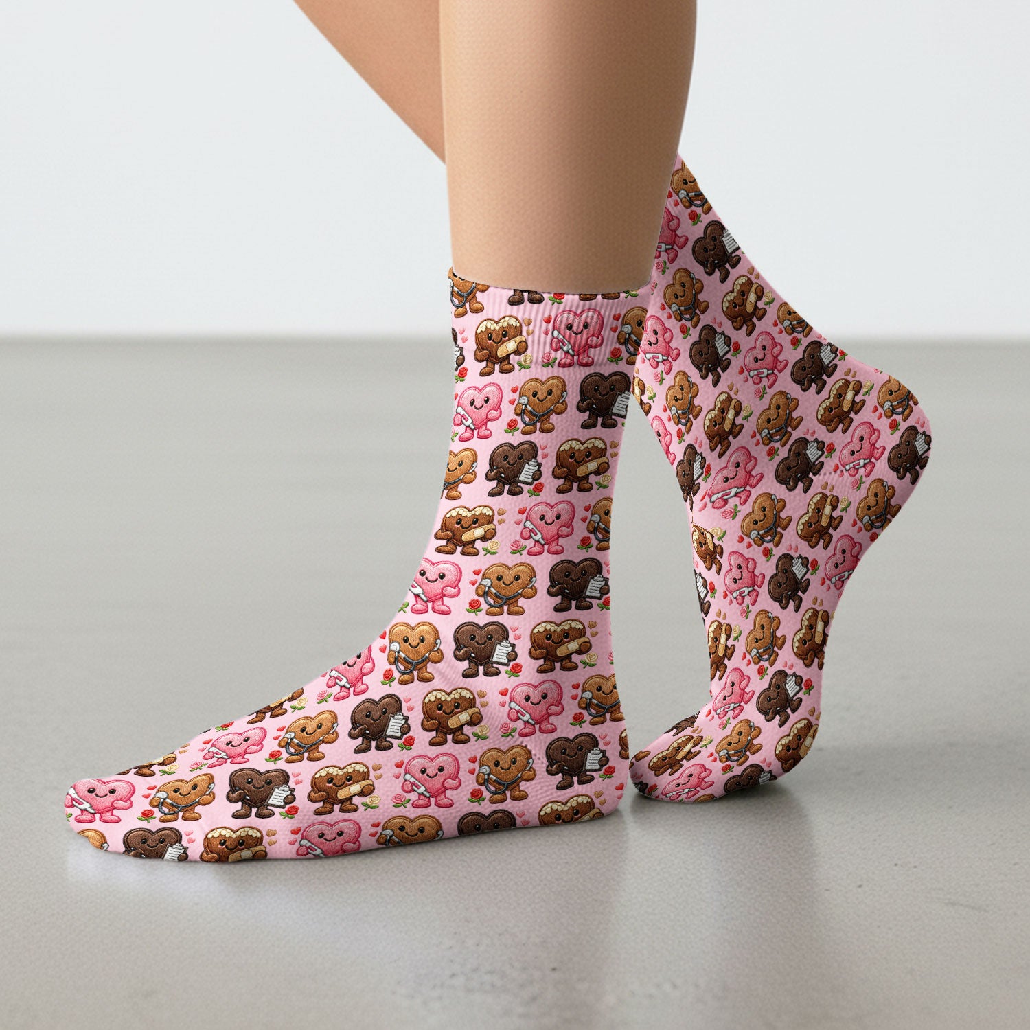 Valentine Heart Nurse Scrub Socks, Cute Medical Love Pattern Sock, Breathable Fabrics Nursing Uniform