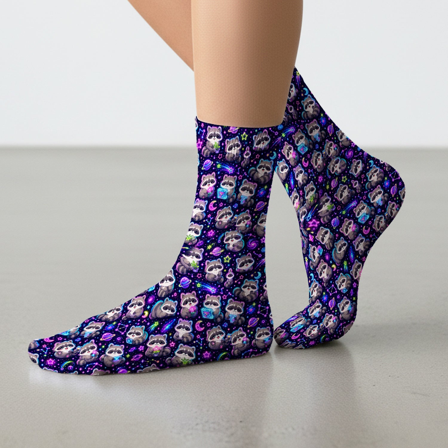 Neon Galaxy Raccoon Space Pattern Socks, Adult Socks for Men and Women