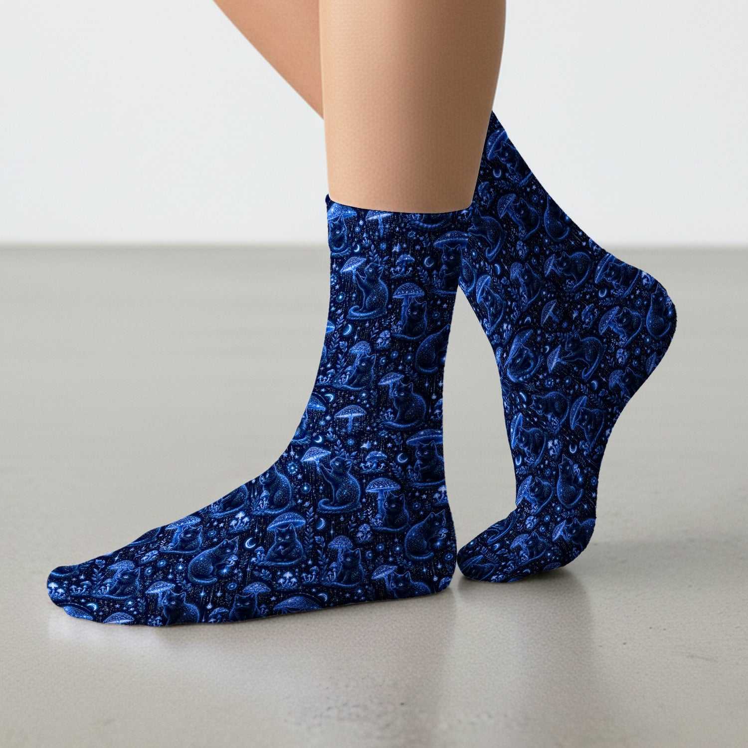 Celestial Black Cat Mushroom Pattern Socks, Adult Socks for Men and Women