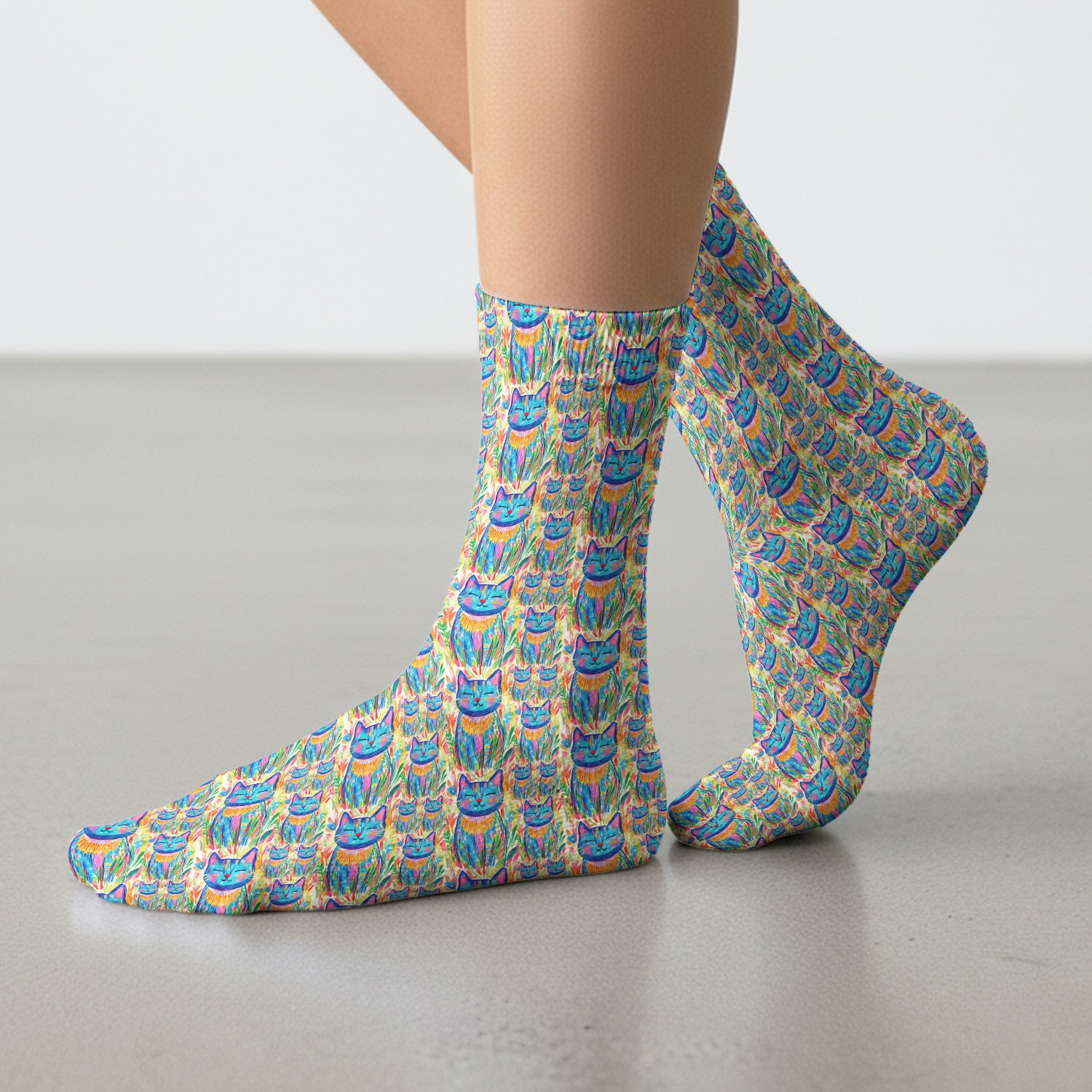 Colorful Rainbow Cat With Floral Brushstroke Socks, Adult Socks for Men and Women