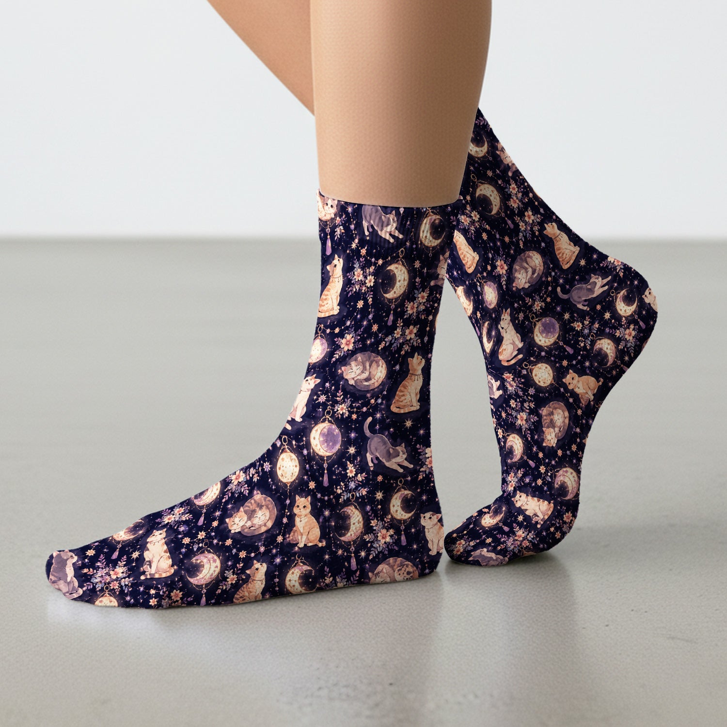 Celestial Cat Pattern Socks, Adult Socks for Men and Women