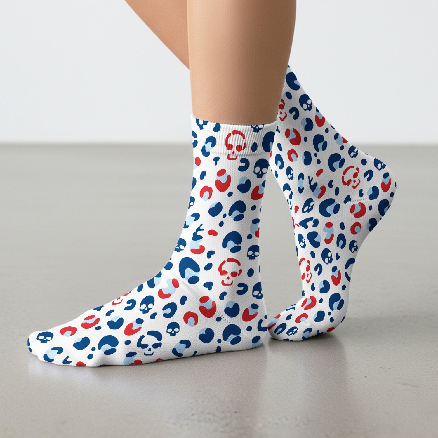 Red Blue Skull Leopard Pattern Socks, Adult Socks for Men and Women