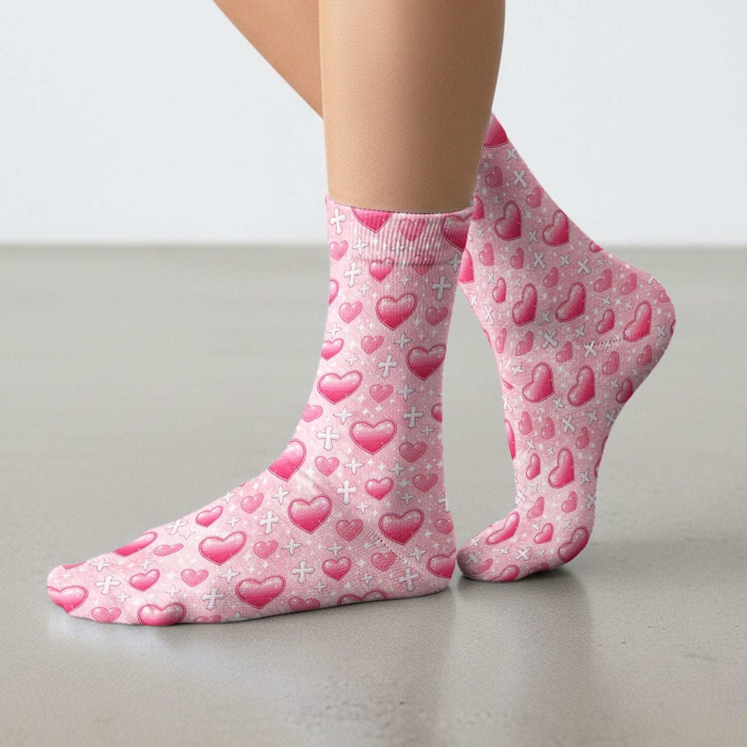 Pink Heart & Cross Pattern Medical Socks, Breathable Fabrics Medical Uniform