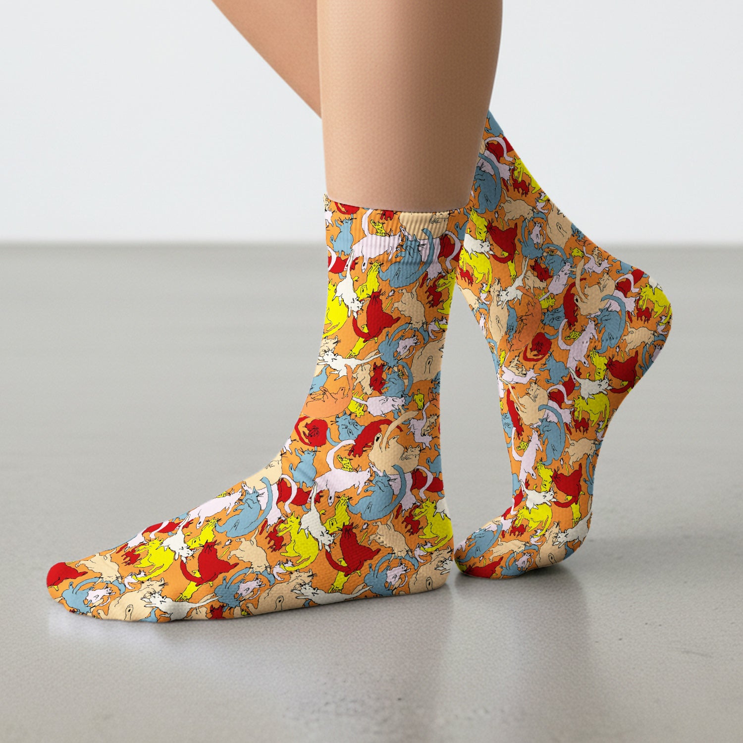 Colorful Cat Chaos Illustration Pattern Socks, Adult Socks for Men and Women