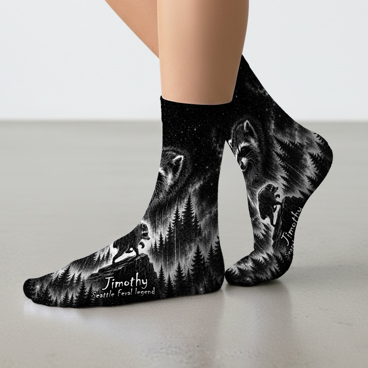 Moonlit Raccoon Forest Print Socks, Adult Socks for Men and Women