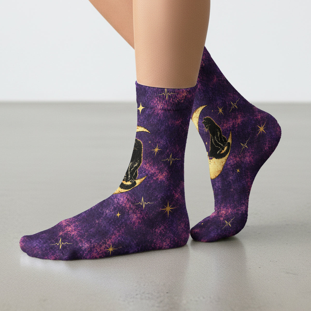 Celestial Nurse Black Cat Crescent Moon Socks, Adult Socks for Men and Women