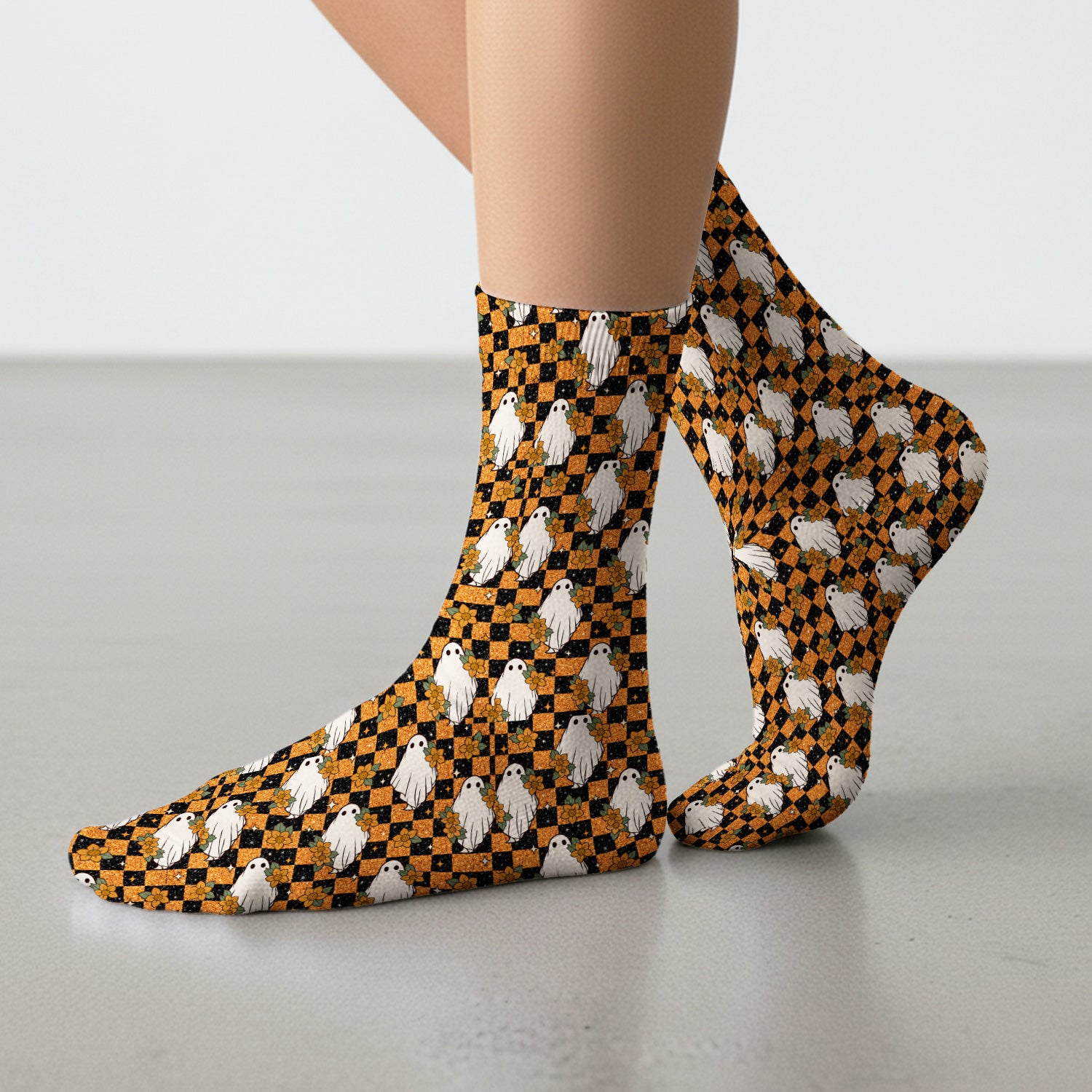 Spooky Halloween Ghost Checkerboard Socks, Adult Socks for Men and Women