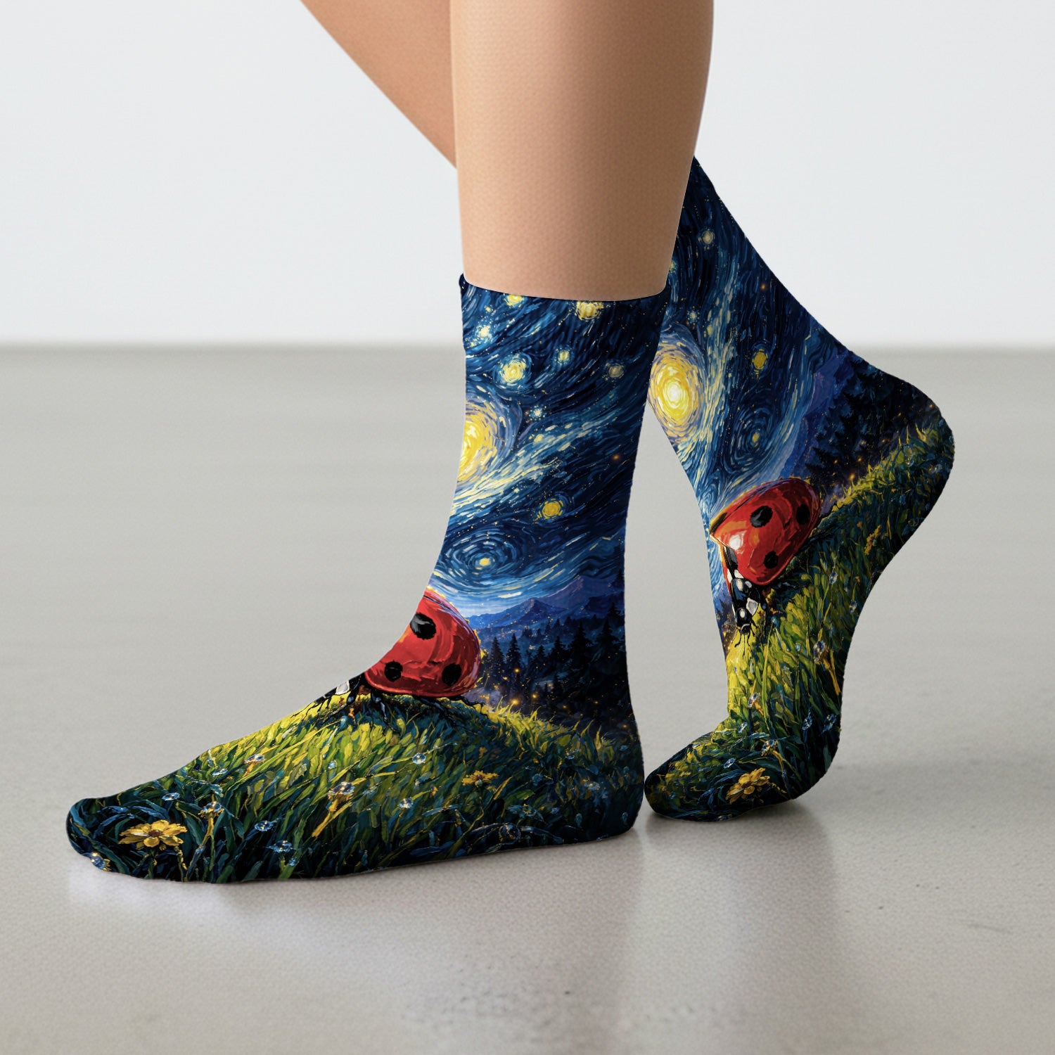 Swirl Night Sky Ladybug Landscape Art Print Socks, Breathable Fabrics Medical Uniform