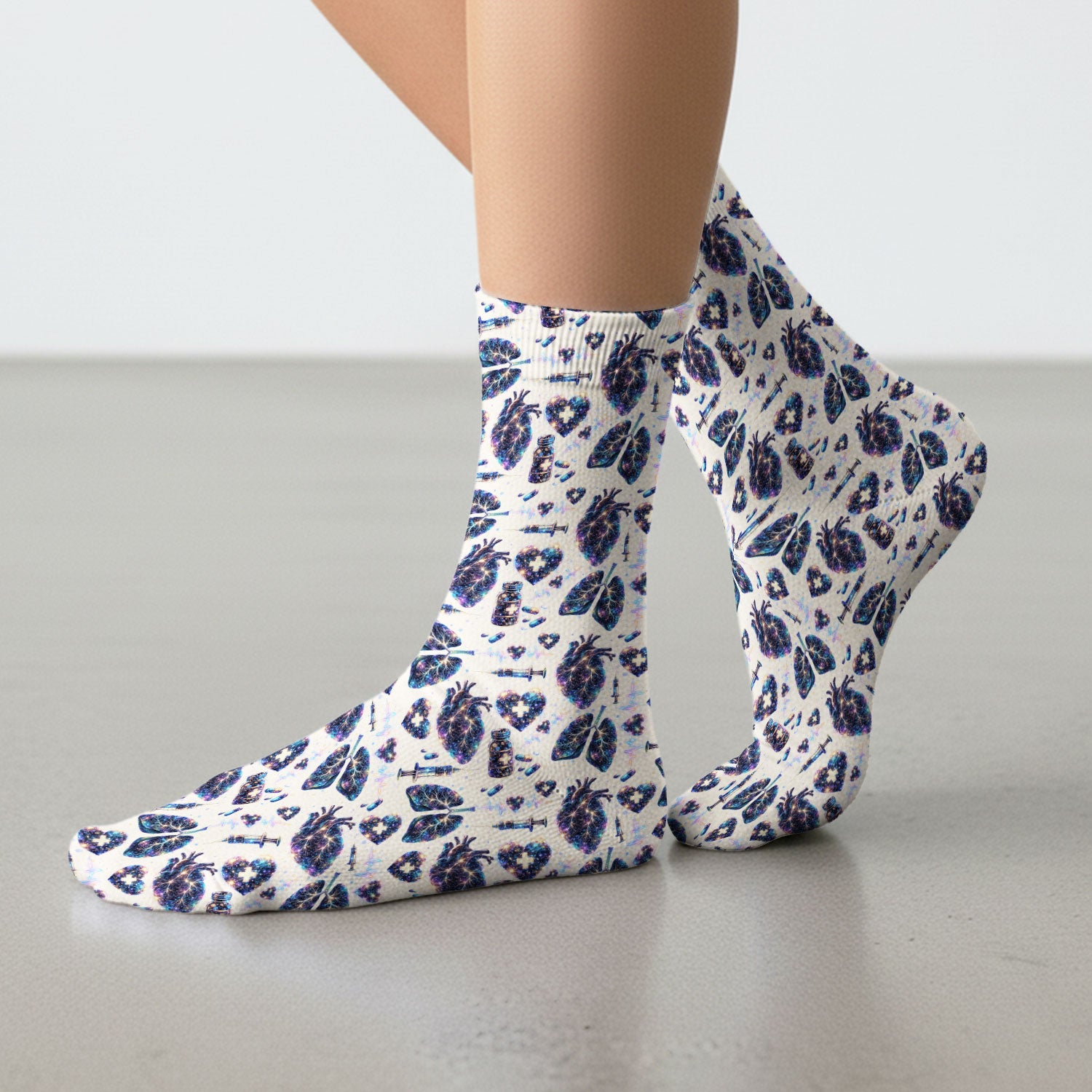 Galaxy Anatomical Heart Lung Syringe Print Socks, Breathable Fabrics Medical Uniform