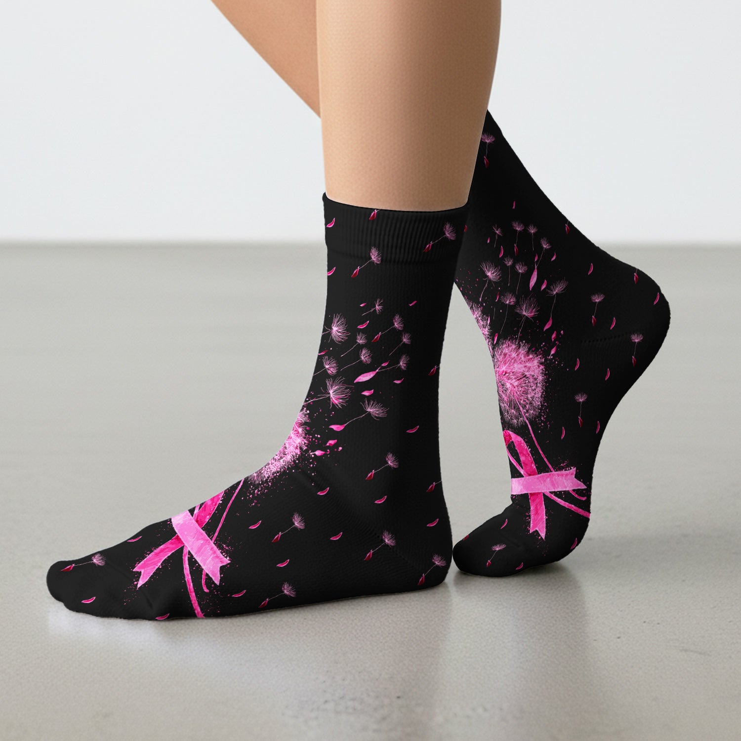 Meaningful Pink Ribbon Dandelion Socks, Adult Socks for Men and Women