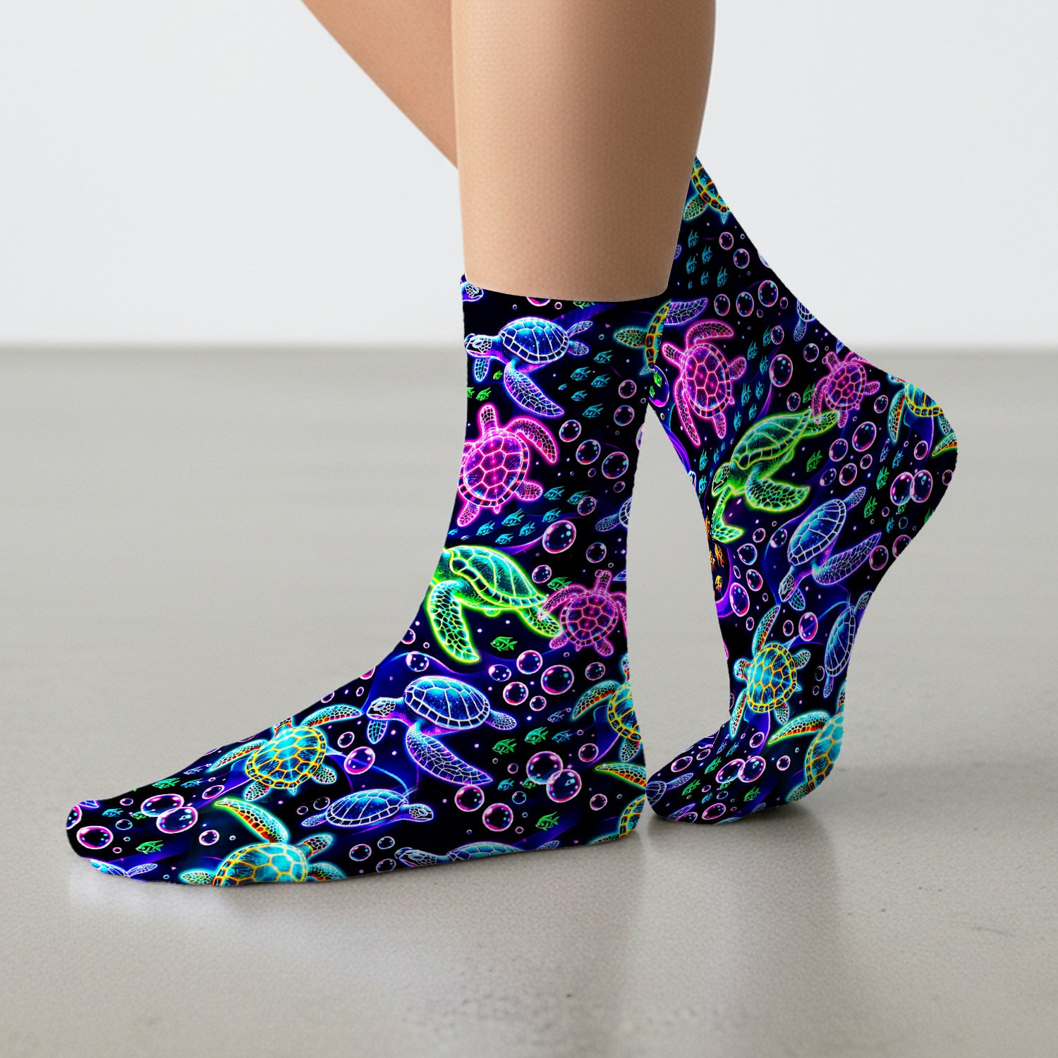 Neon Sea Turtle Swimming Bubble Ocean Socks, Adult Socks for Men and Women
