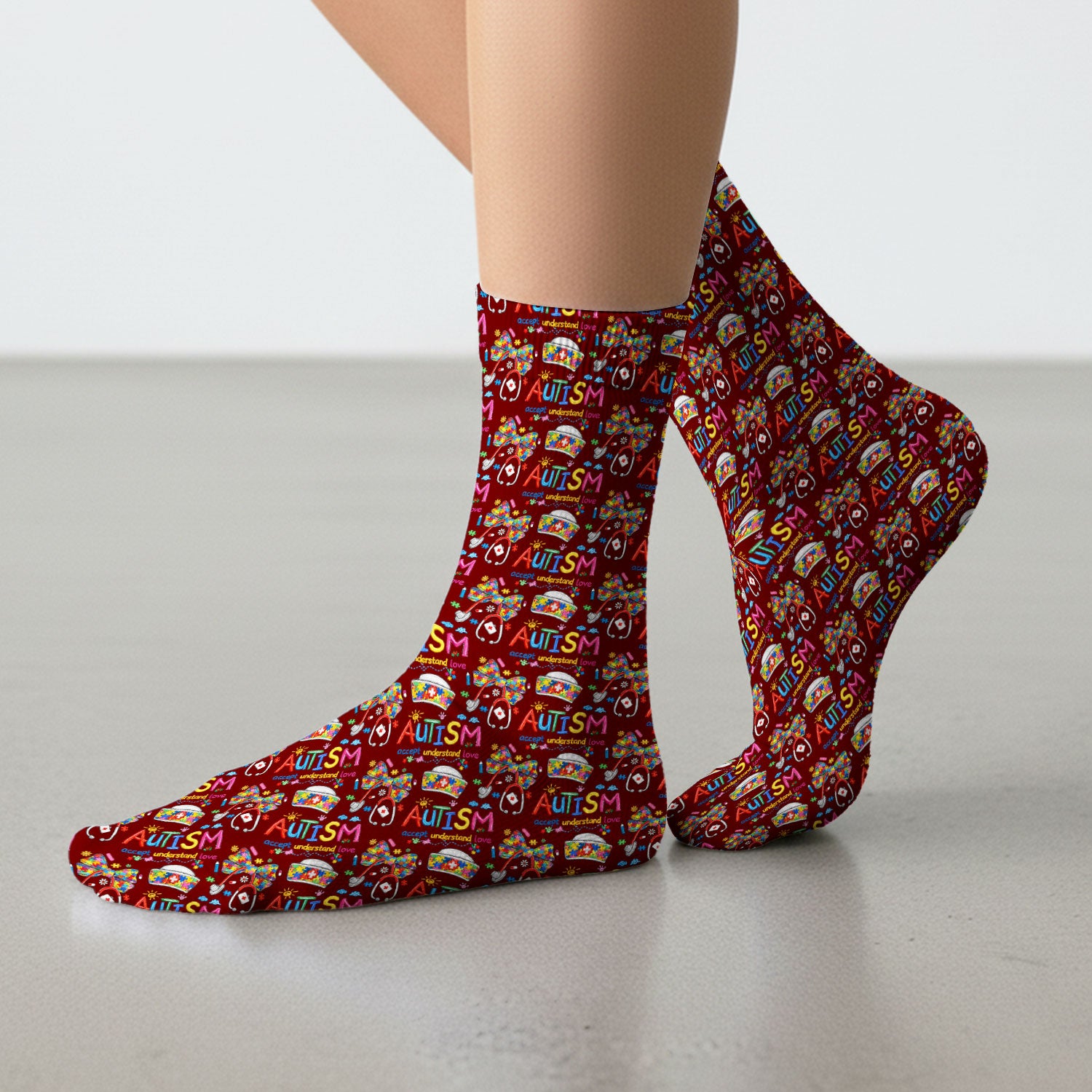 Autism Awareness Pattern Nurse Scrub Socks, Accept Understand Love Puzzle Nurses Sock, Breathable Fabrics Nursing Uniform