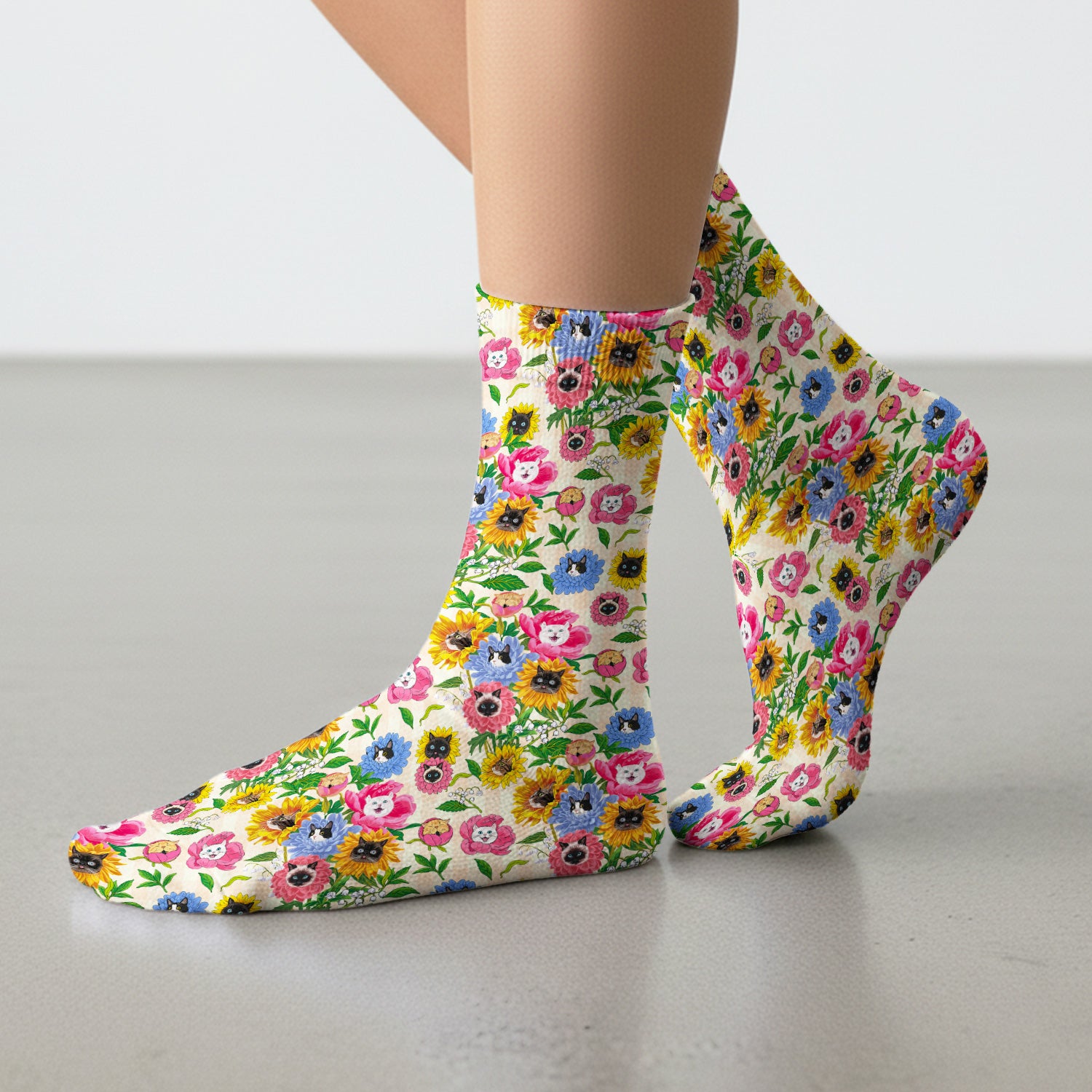 Cat Face Hidden In Colorful Flower Garden Socks, Adult Socks for Men and Women