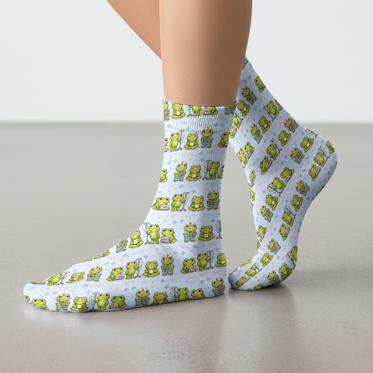 Adorable Frog Nurse Various Poses Print Socks, Breathable Fabrics Medical Uniform