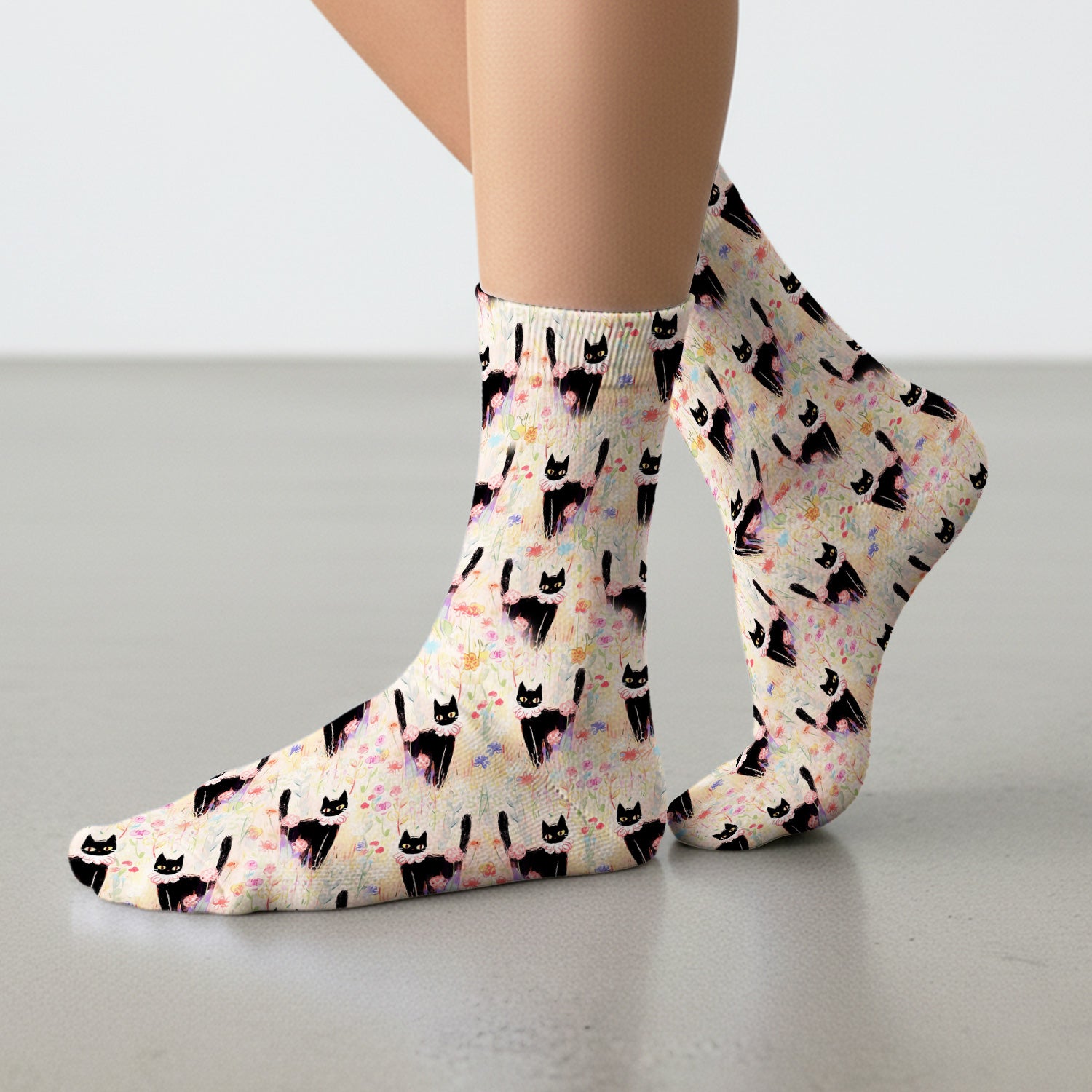 Black Cat Floral Garden Nurse Pattern Socks, Adult Socks for Men and Women