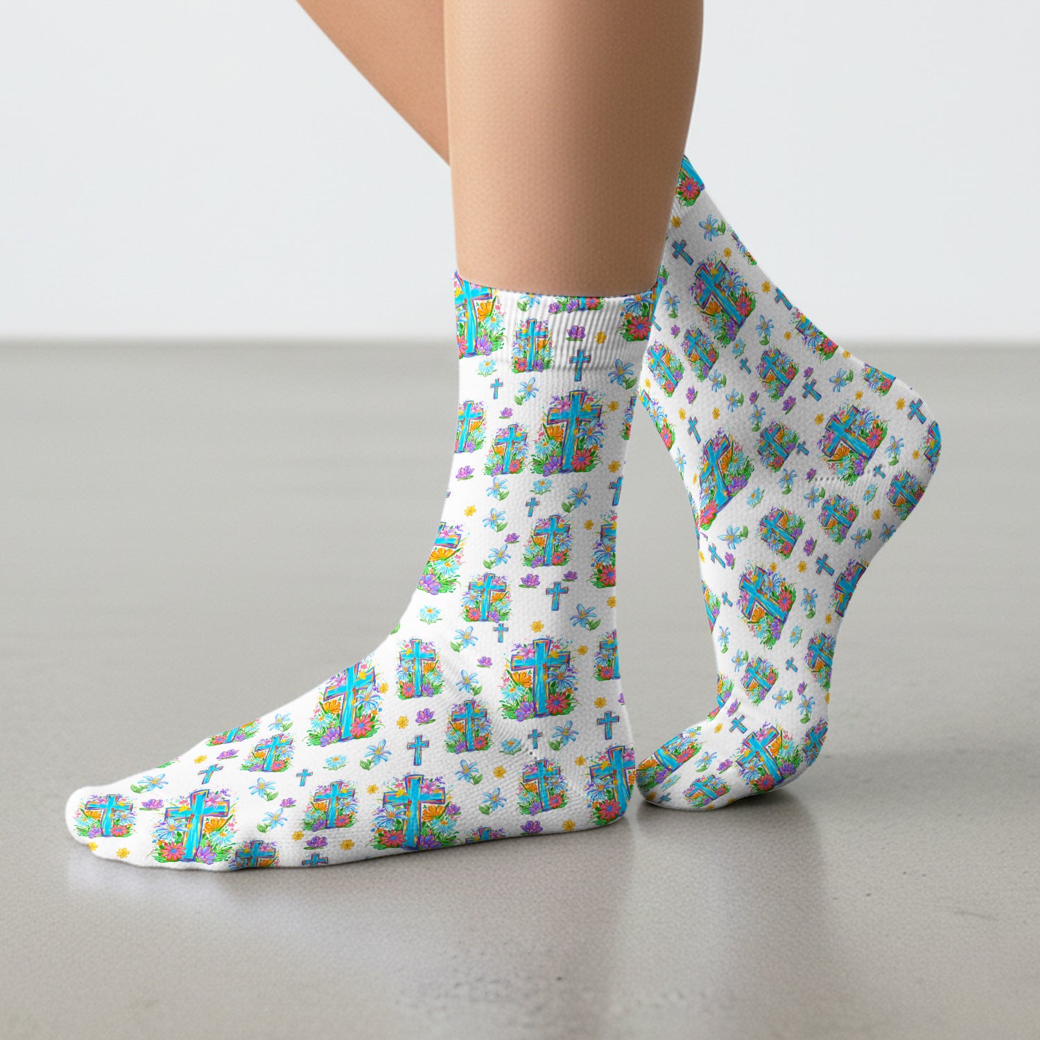Christian Floral Cross Spring Pattern Socks, Breathable Fabrics Medical Uniform