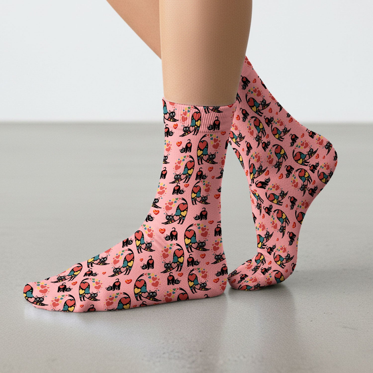 Playful Cat Valentine Heart Print Medical Socks, Socks for Nurse Doctor