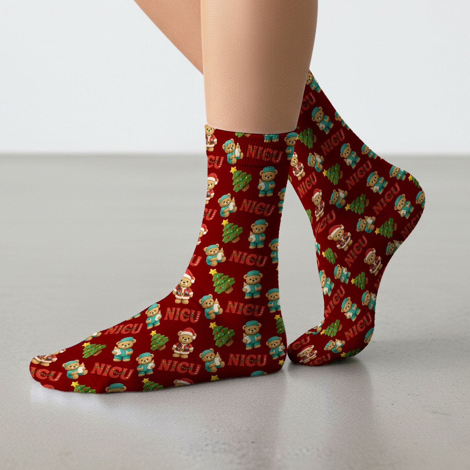 Festive Christmas NICU Nurse Teddy Bear Pattern Print Socks, Adult Socks for Men and Women