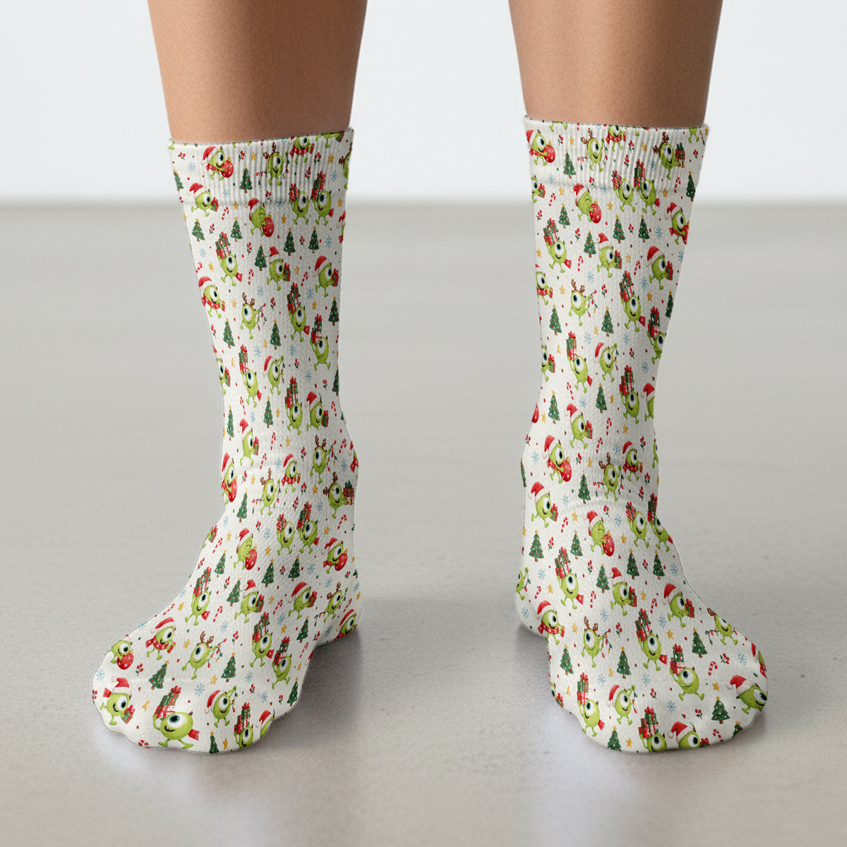 Christmas One Eyed Green Monsters Socks, Adult Socks for Men and Women