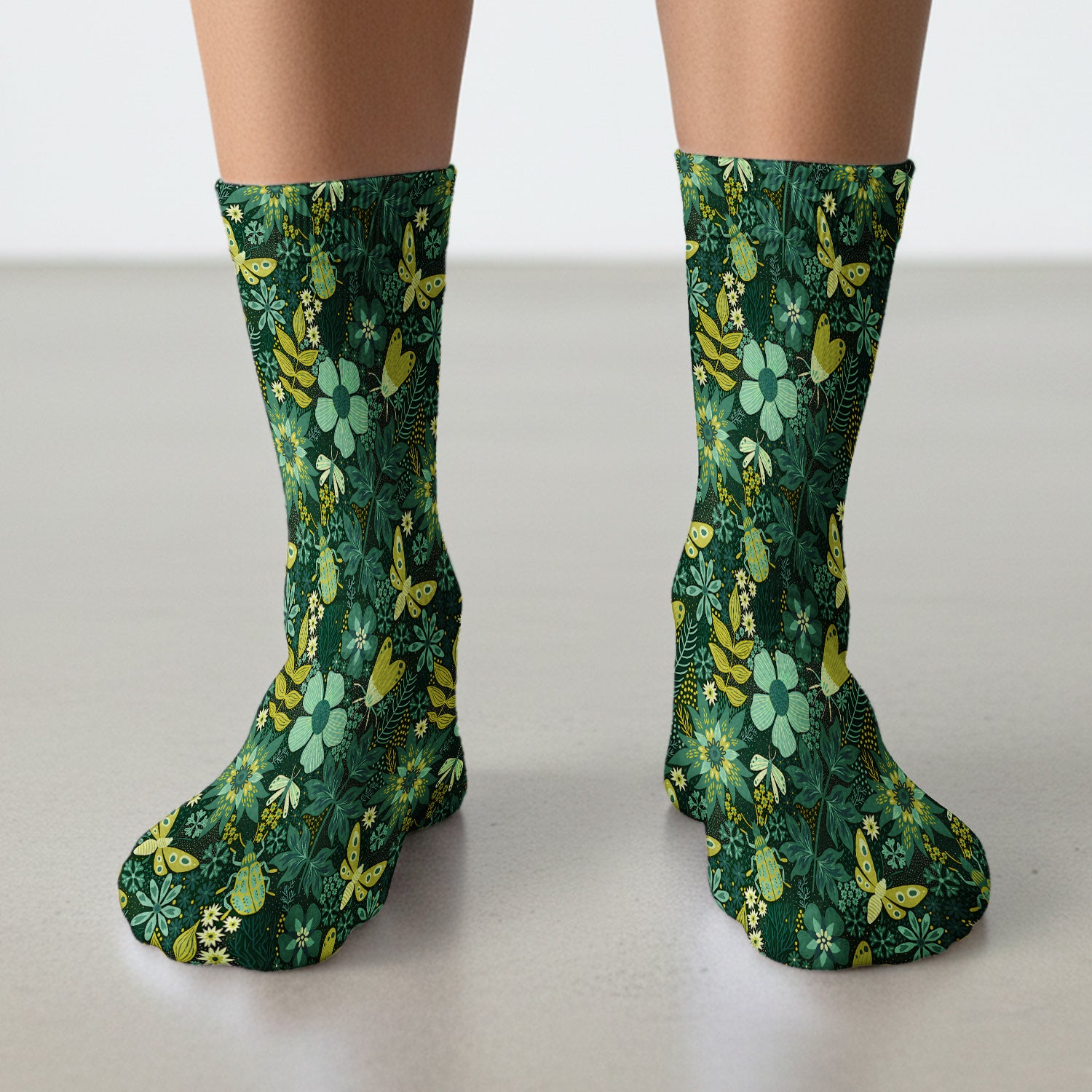 Green Botanical Butterfly Pattern Socks, Adult Socks for Men and Women