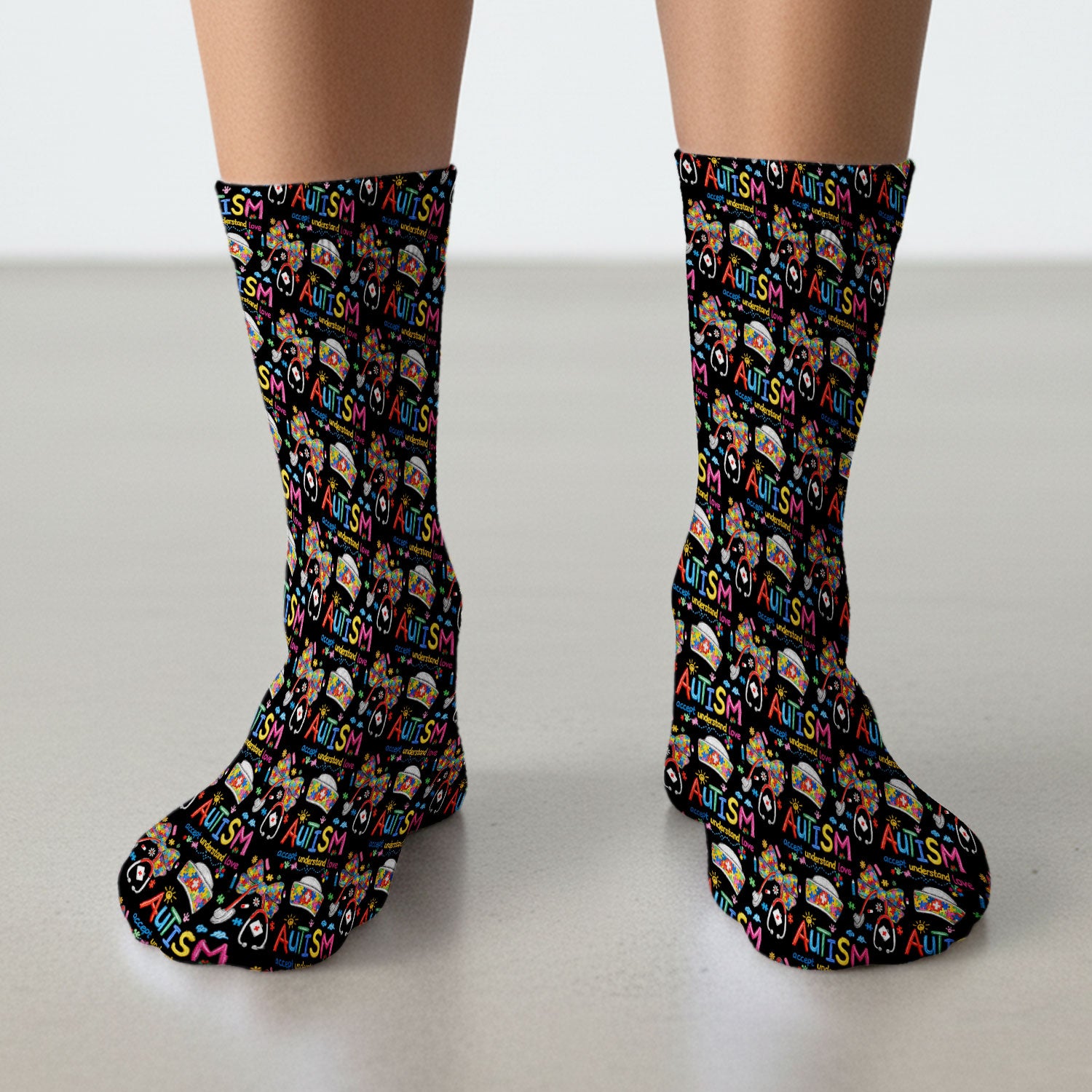 Autism Awareness Pattern Nurse Scrub Socks, Accept Understand Love Puzzle Nurses Sock, Breathable Fabrics Nursing Uniform