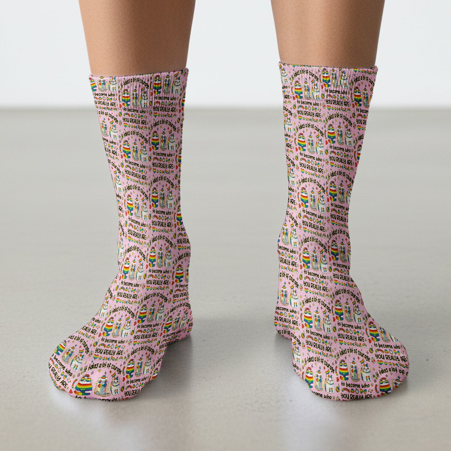 Inspirational Nurse Rainbow Cat Courage Quote Pattern Socks, Breathable Fabrics Medical Uniform