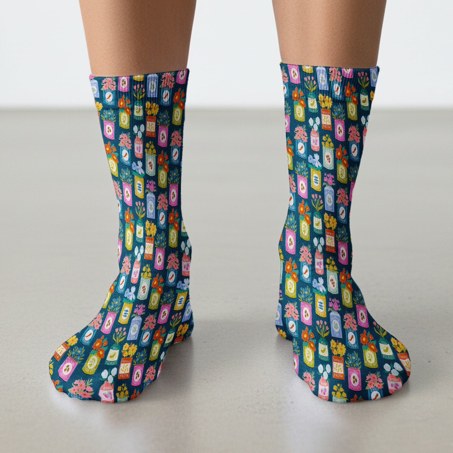 Colorful Pantry Jars Flowers Pattern Socks, Adult Socks for Men and Women