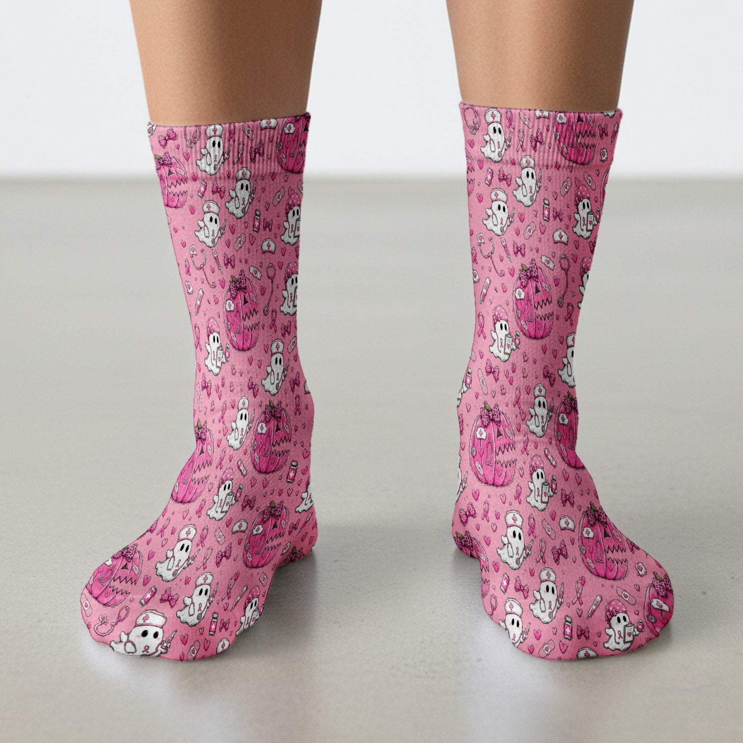 Pink Ribbon Ghost Pattern Socks, Adult Socks for Men and Women