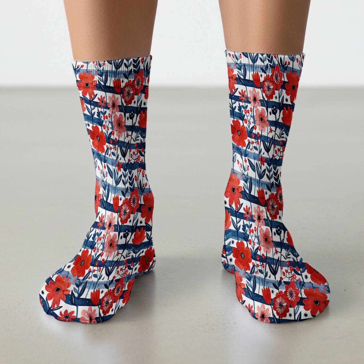 Red Poppy Navy Stripe Pattern Socks, Adult Socks for Men and Women
