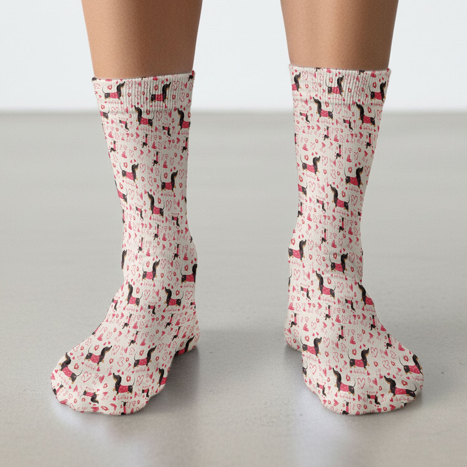 Dachshund Valentine Scrub Socks, Cute Wiener Dog Heart Pattern Nurse Sock, Breathable Fabrics Nursing Uniform