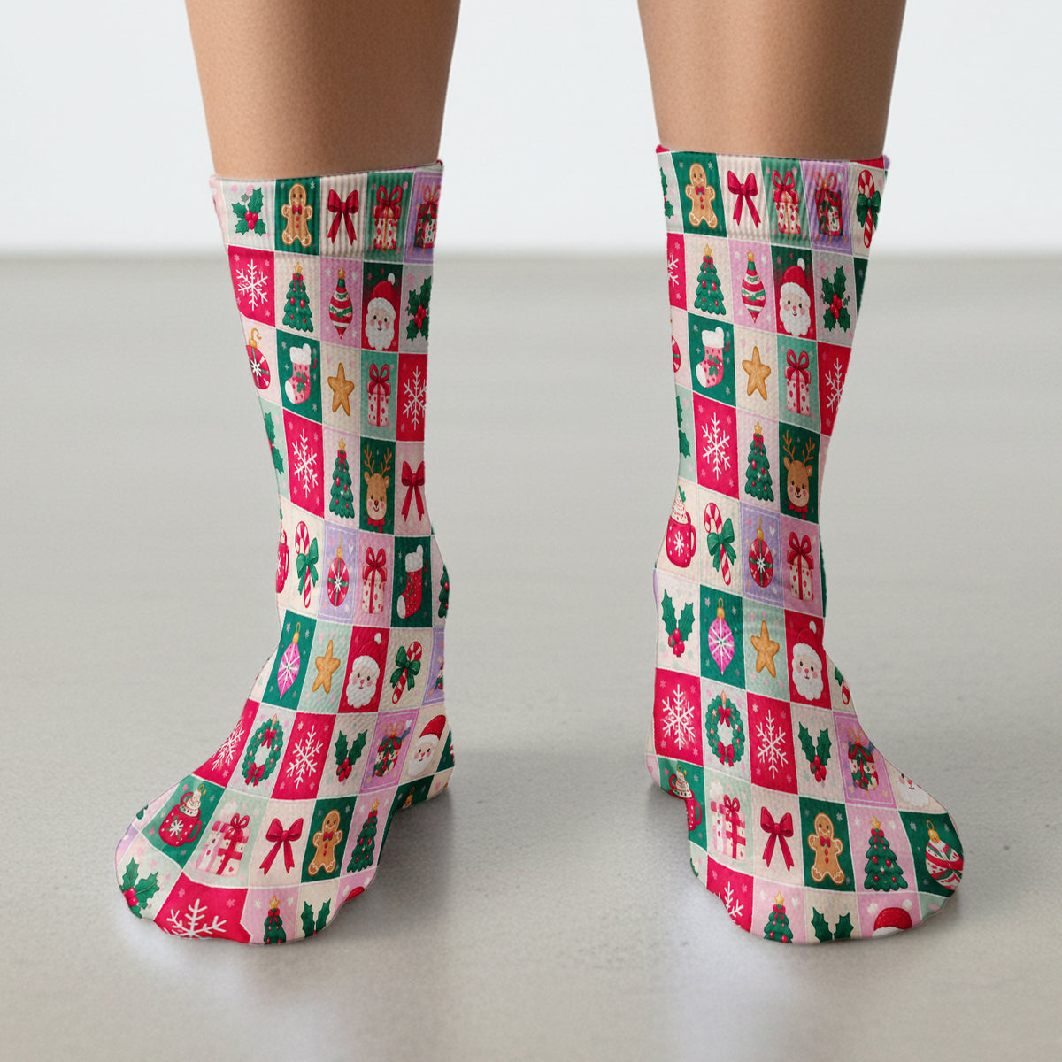 Cute Christmas Santa Patchwork Socks, Adult Socks for Men and Women