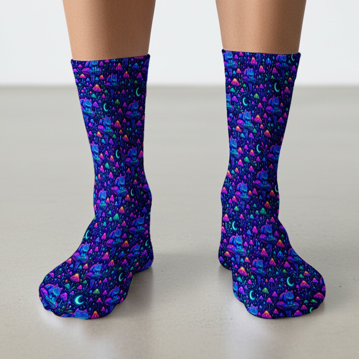 Neon Mushroom Cat Galaxy Pattern Socks, Adult Socks for Men and Women