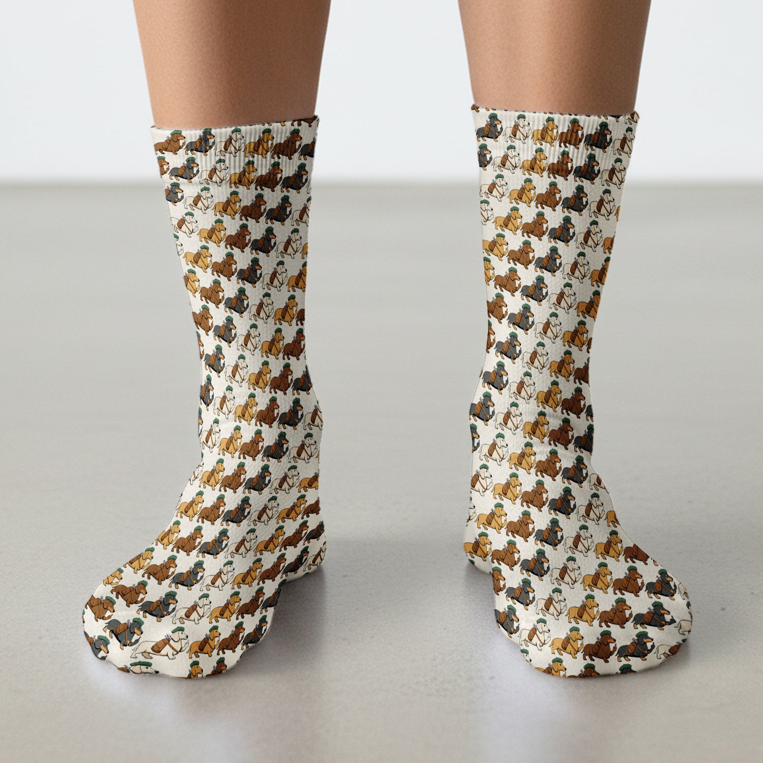 Cartoon Dachshund Dog Wearing Hat And Backpack Pattern Socks, Adult Socks for Men and Women