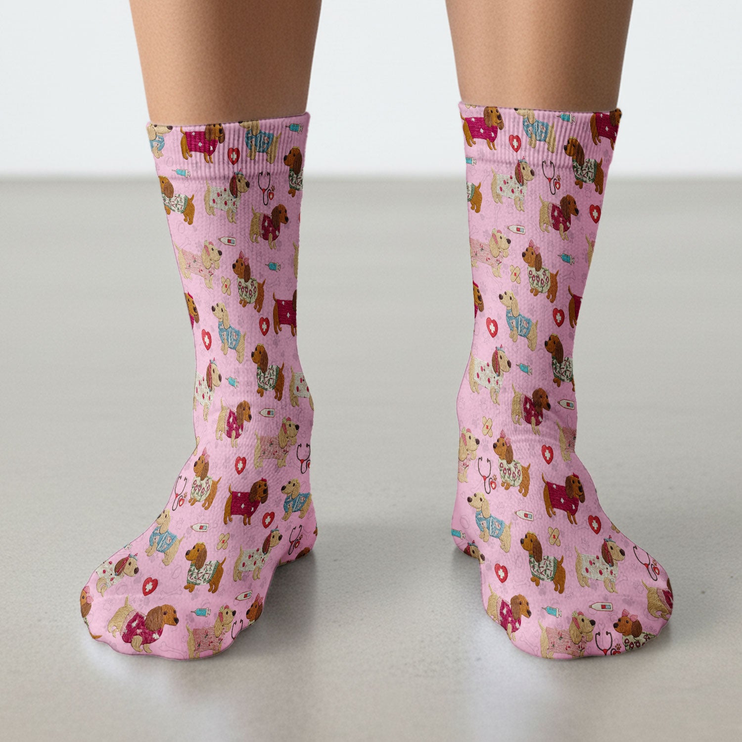 Cute Medical Wiener Dog Pattern Nurse Socks, Dachshund Nursing Scrub Sock, Breathable Fabrics Nursing Uniform