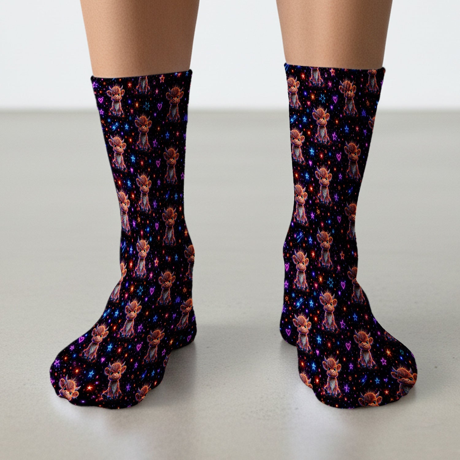 Neon Highland Cow Stars Pattern Socks, Adult Socks for Men and Women