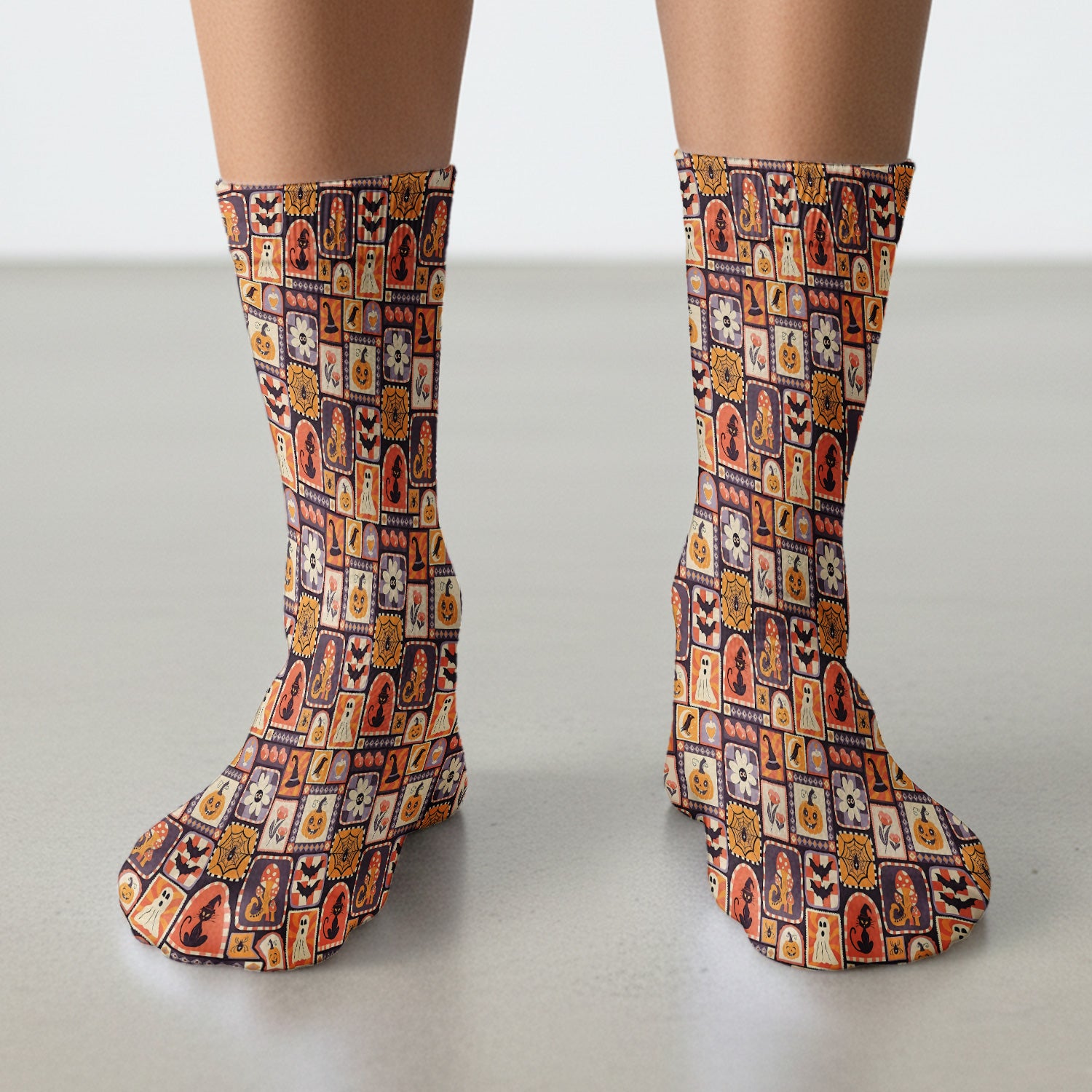 Retro Halloween Patchwork Icons Socks, Adult Socks for Men and Women