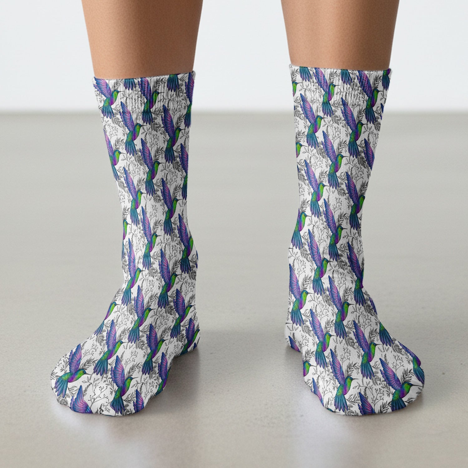 Colorful Hummingbird Flying Botanical Pattern Socks, Adult Socks for Men and Women