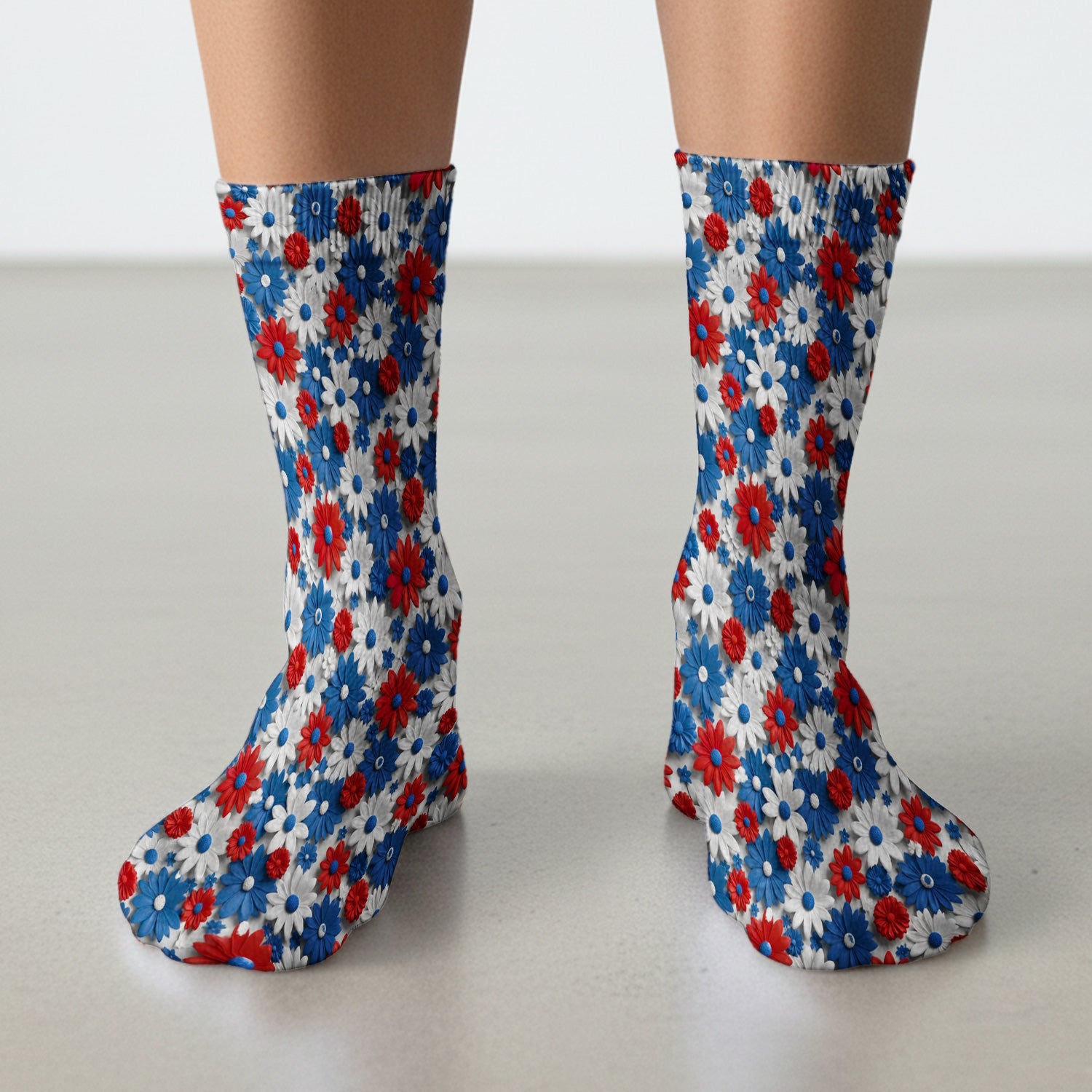 Patriotic Red Blue Daisy Floral Pattern Socks, Adult Socks for Men and Women