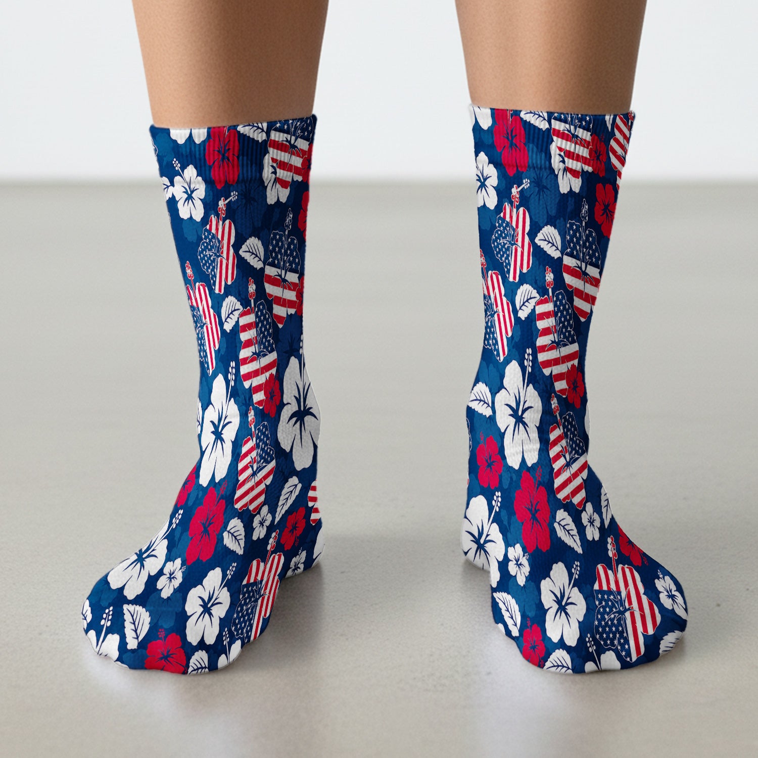 Patriotic Hibiscus Flag Floral Print Socks, Adult Socks for Men and Women