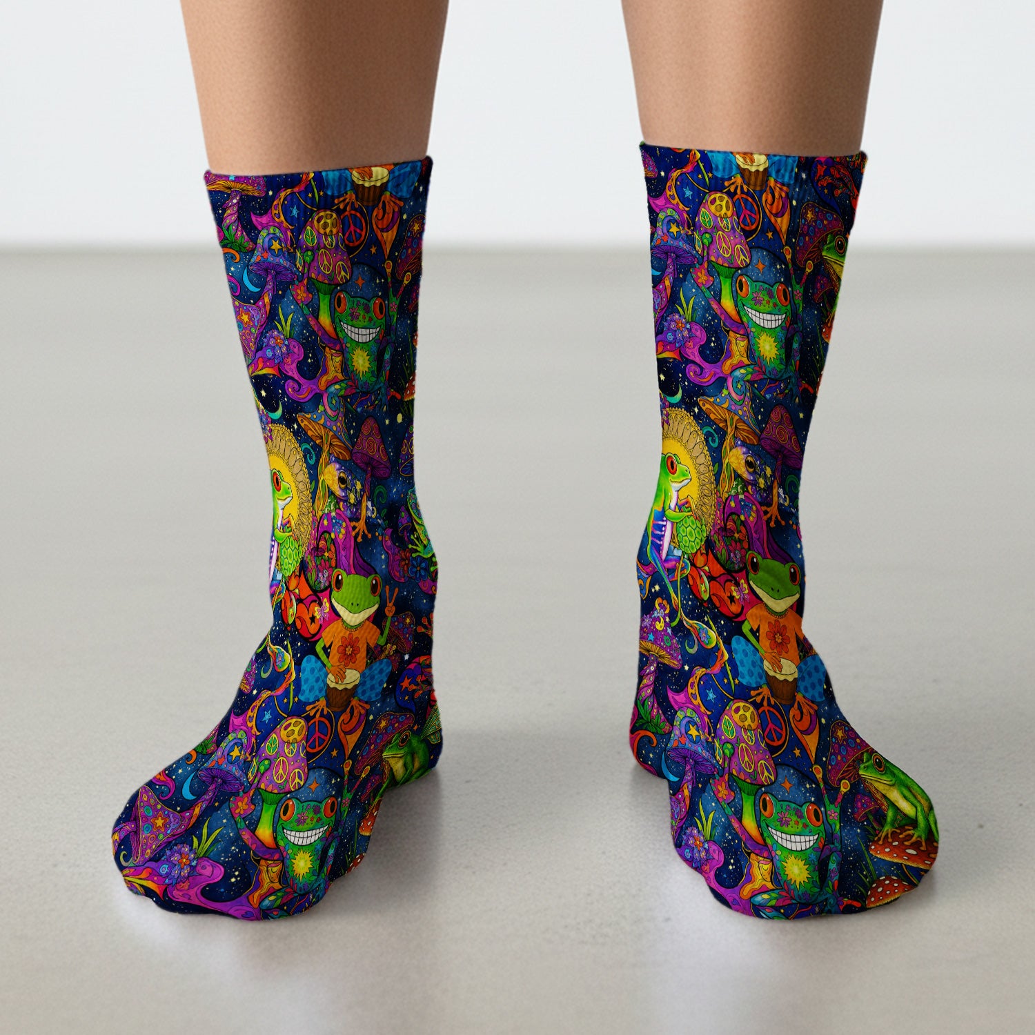 Psychedelic Frog with Mushroom Peace Print Socks, Adult Socks for Men and Women